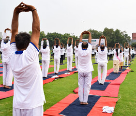 Group Yoga exercise session for people of different age groups at cricket stadium in Delhi on International Yoga Day, Big group of adults attending yoga session