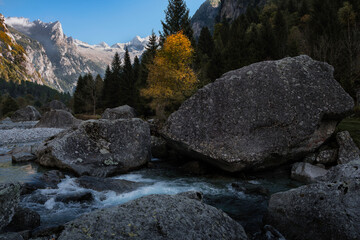 A clear autumn morning in Mello's and Masino's Valley, Lombardy northern Italy Alps