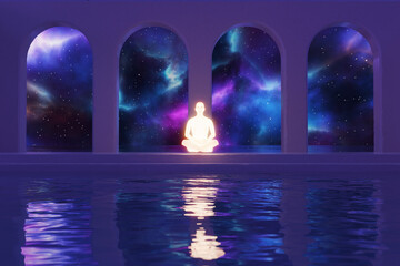Meditation at night in magic place with Space Galaxy Sky on the background. 3d rendering 4k concept