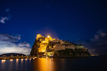 Sky with Stars and Castello Aragonese in Ischia Ponte