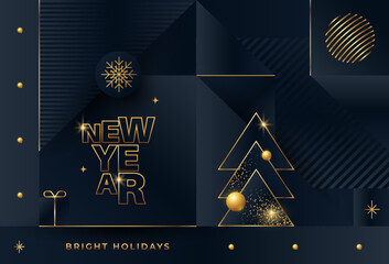 Merry Christmas and Happy New Year greeting card. Modern Xmas design holiday background with golden decoration. Vector illustration