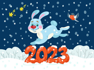 Merry Christmas! Happy New Year! Funny rabbit jumps over the number 2023 on a winter meadow. In cartoon style. On a dark blue background. Vector illustration.