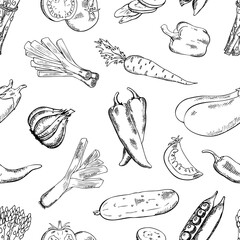 colorless, seamless pattern with various vegetables, tomatoes, leeks, tomatoes, peppers, garlic, asparagus, carrots, cucumbers, peas, eggplants