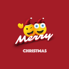 Merry Christmas! - Smiling, Winking, Surprised Emoji with Red Santa Hat and Waving Hand - Card or Banner Template, Holiday Design Element with Shiny Happy Emoticons on Red Background - Vector Design