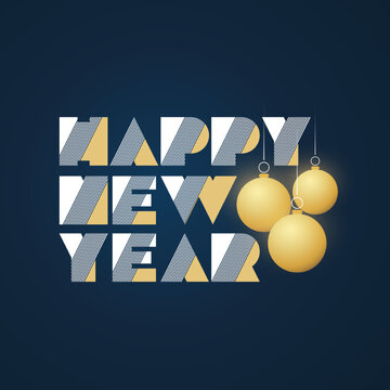 Dark Golden and Blue Retro Style Art Deco Happy New Year Type Scipt Template, Multipurpose Holiday Greetings Typography Design with Christmas Balls, Globes