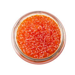 Salmon red caviar jar isolated on white background.  Raw seafood. Luxury delicacy food. File...