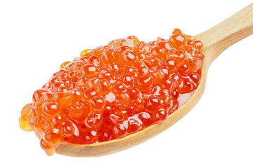 Salmon red caviar in a wooden spoon isolated on white background.  Raw seafood. Luxury delicacy food. File contains clipping path.
