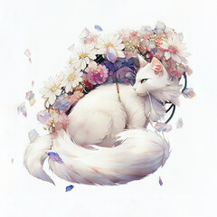 Watercolor of white cat in floral wreath bouquet for invitation cards or cat pets lovers, digital illustration with matte painting