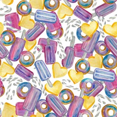 Watercolor seamless pattern with ice cream, donuts, candies and cookies for wrapping paper