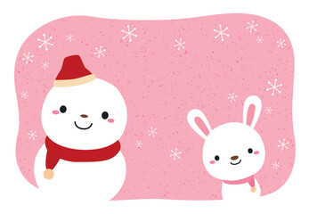 2023年 卯年 ゆきだるまとうさぎの年賀状 横/09ピンク・文字なし