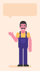 Repairman points hand to and smiles