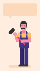 Repairman three quarters face holding big hammer and smiles