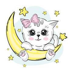 Cute cat girl vector illustration. Kitten sitting on the moon, stars. Children's print and poster.