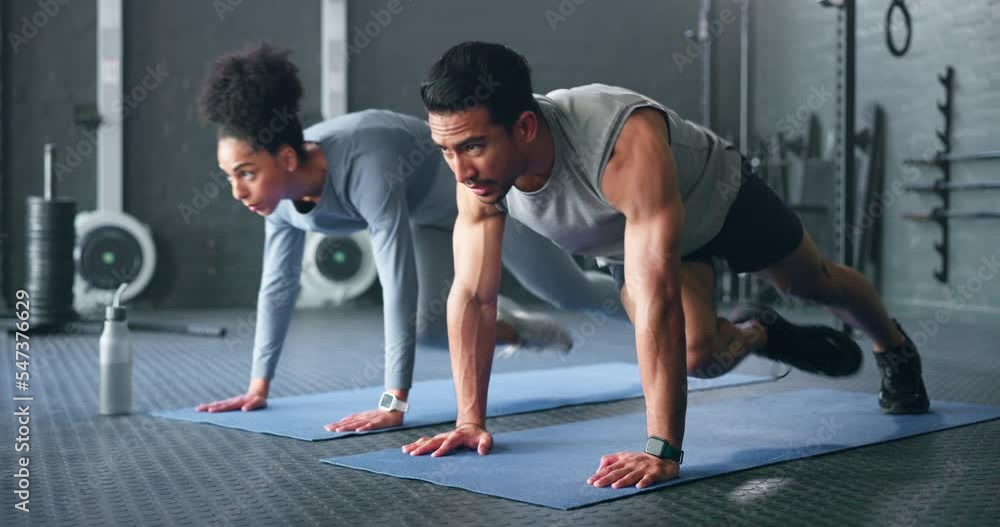 Poster Couple, fitness and gym workout of training friends together for a core strength exercise for abs. Strong, sports and athlete wellness cardio of people doing a sport in a health club or studio