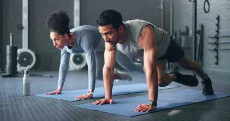 Couple, fitness and gym workout of training friends together for a core strength exercise for abs. Strong, sports and athlete wellness cardio of people doing a sport in a health club or studio - Powered by Adobe