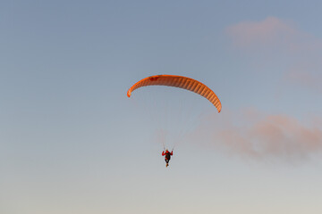 Paraglider flying over thesea shore at sunset. Paragliding sport concept.