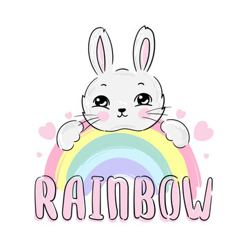 Cute little bunny on rainbow cartoon design print, rabbit vector
