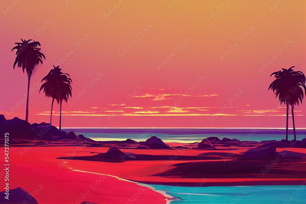 Wall mural Beach Palm and sunset. Retrowave. Synthwave - Wall murals