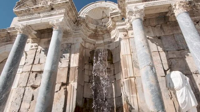 close round footage around antonine fountain at sagalassos ancient city, burdur, turkey