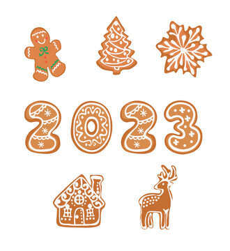 Set Of Christmas Gingerbreads Flat Vector Illustration. Xmas Traditional Homemade Cookies - Man, Xmas Tree, Snowflake, House, Reindeer And Numbers 2023. Sweet Biscuits Isolated On White Background. 