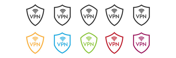 Wireless shield VPN WiFi icon sign flat design vector illustration set.