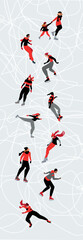 Ice skating vector illustration, characters set of happy figure at Ice rink or on frozen lake..