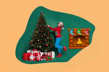 Creative photo 3d collage artwork postcard poster greeting card of positive young preparing holiday event isolated on painting background