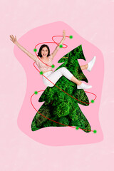 Creative photo 3d collage artwork postcard poster brochure of crazy girl sitting tree preparing event isolated on painting background