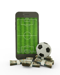 3D rendering of a mobile phone with soccer field on screen, soccer ball and stacks of Guatemalan quetzal notes isolated on white background.