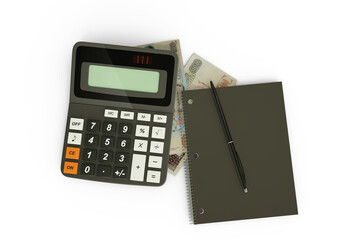 3D rendering of a composition of Guatemalan quetzal notes, a calculator, a note book and a pen isolated on white background. Tax background design concept