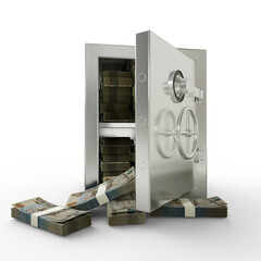 Bundles of Guatemalan quetzal in Steel safe box. 3D rendering of stacks of money inside metallic vault isolated on white background, Financial protection concept, financial safety.