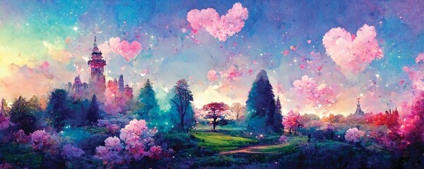 Obraz na płótnie Canvas Evening paradise landscape with pink hearts in the sky, fantasy illustration, idyllic scenery