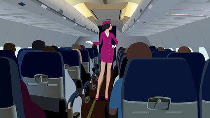 The stewardess on board the aircraft serves passengers. Vector.