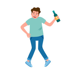 Adult drunk man with alcohol bottle in his hand flat design. Alcoholic character. Alcohol addiction.