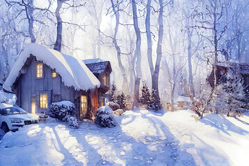 Rustic country house, snowy winter