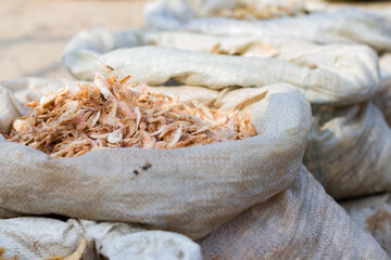 dried shrimps or krills kept in a sack in fish markets of india.