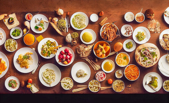 table filled with various types of food