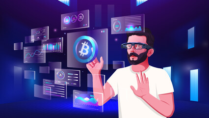 A young man exploring and visualizing the Cryptocurrency, NFTs, Blockchain, Infographics and Future Communication concepts with Metaverse Digital Augmented Reality Technology -Vector illustration