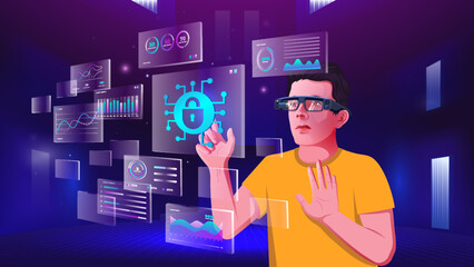 A young man exploring and visualizing the Network technology, NFTs, Blockchain, Infographics and Future Communication concepts with Metaverse Digital Augmented Reality Technology -Vector illustration