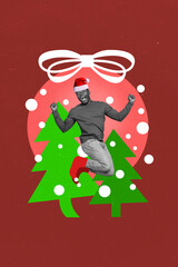 Fototapeta premium Creative abstract template graphics collage image of lucky funky santa helper jumping high enjoying x-mas time isolated drawing background