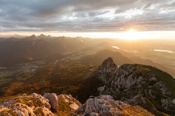 Panorama of Lech Valley Southwest Bavaria. Germany - Saeuling Peak - Sunset