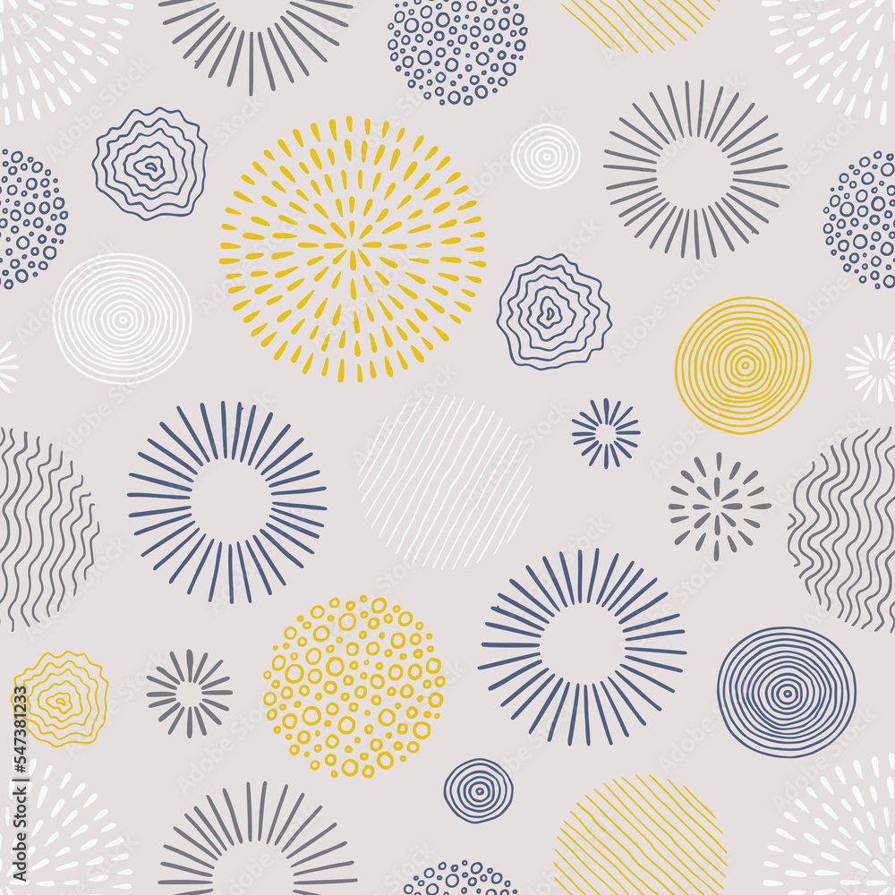 Poster Hand drawn doodle children circle seamless pattern. Doodle style abstracrt textured scribble, stripped, dot circle element pattern. Boho color background. Vector illustration