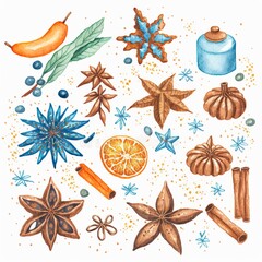 Christmas watercolor illustration with winter accessories or elements