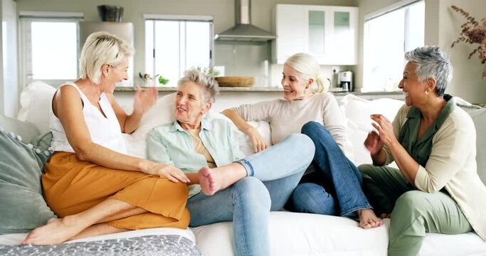 Retirement friends, talking and relax on sofa together with happy memory, funny story and gossip in living room for senior lifestyle. Elderly group of people fun communication or discussion in lounge