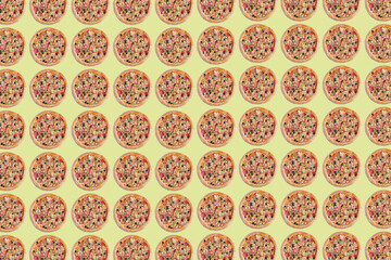 A pattern of many Italian pizzas, on a yellow background, with an aspect ratio of 3:2