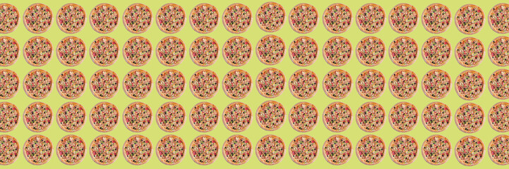 A pattern of many Italian pizzas, on a green background, with an aspect ratio of 3:1