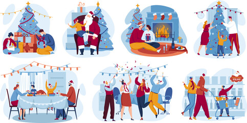 Fototapeta premium Joyful people celebration new year holiday, merry christmas, active holiday, cartoon style vector illustration, isolated on white.