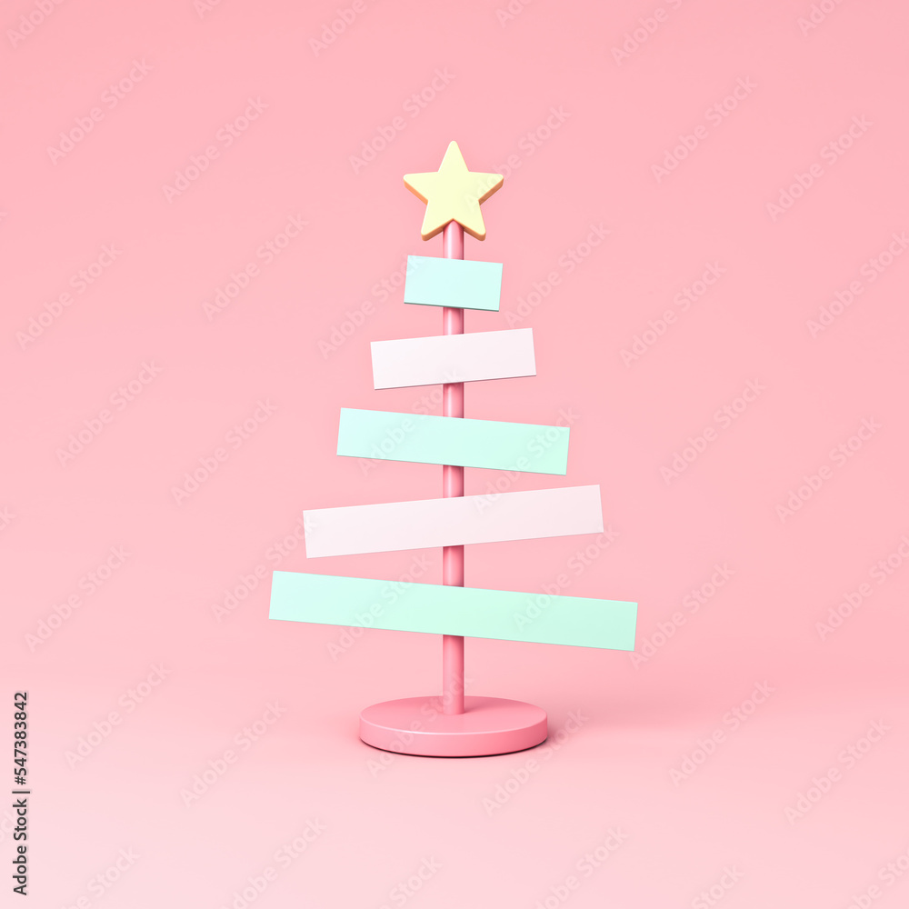 Poster Minimal 3d abstract multi pastel colors christmas tree sign stand or christmas mock up decorations isolated on light pink pastel color background with shadow modern creative idea concepts 3D rendering