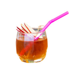 Apple juice color light yellow or cider in glass low cut placed there is pink straw placed on...
