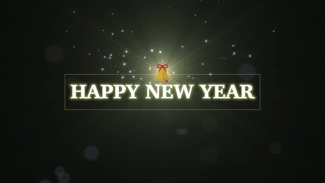 Happy New Year with bell and fly glitters in night, motion holidays and winter style background for New Year and Merry Christmas